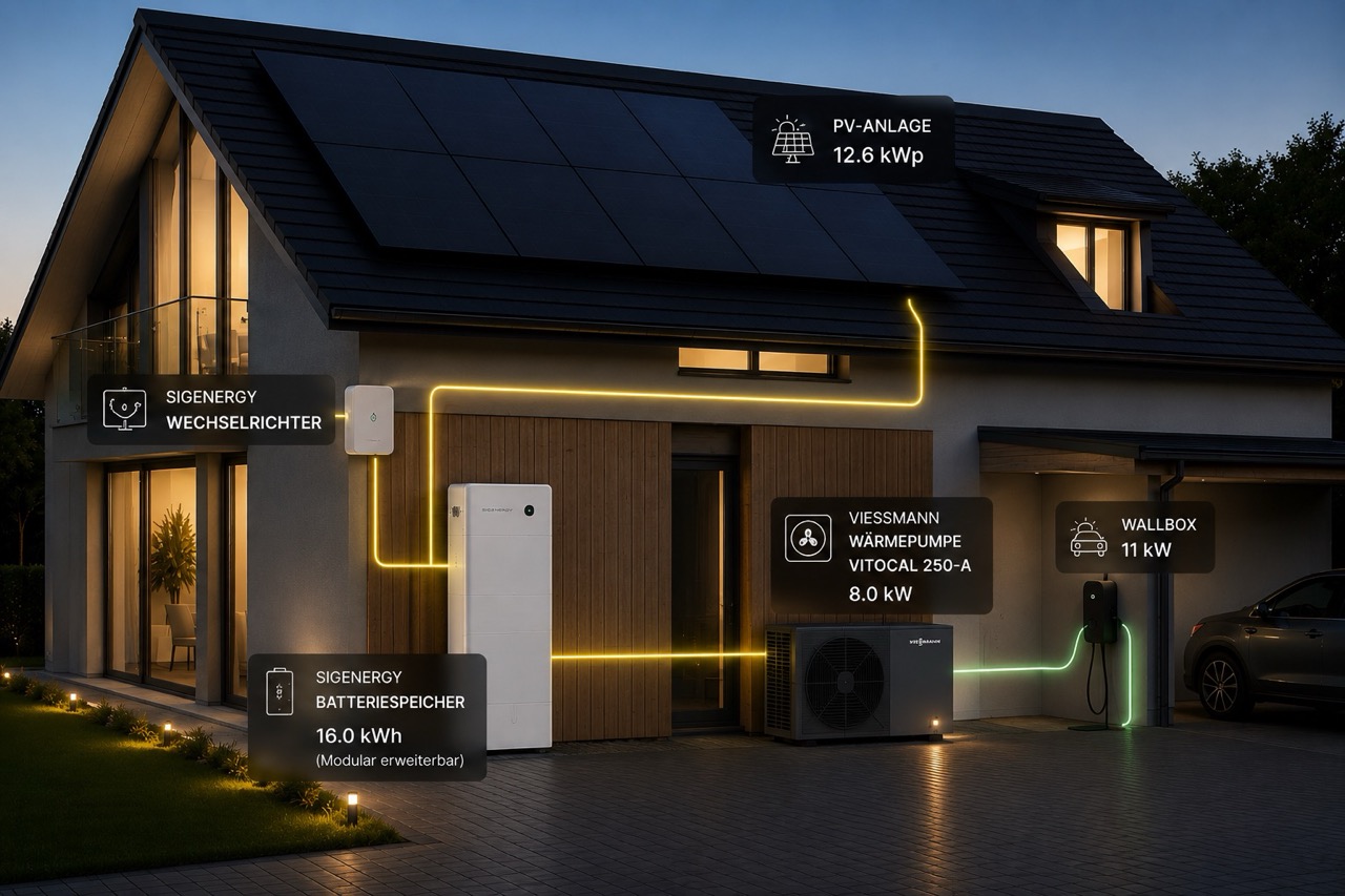 Haus und Auto mit kW Verbrauch an den verschiedenen Stellen mit PV Anlage und Speicher versorgt